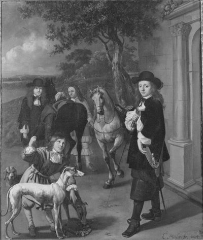 Dva mladí muži připraveni na jízdu na koni od Cornelis Picolet